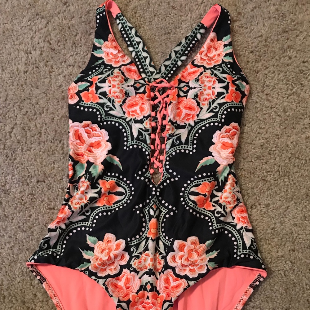 BECCA Floral Lace-Up One-Piece Swimsuit in Black and Coral